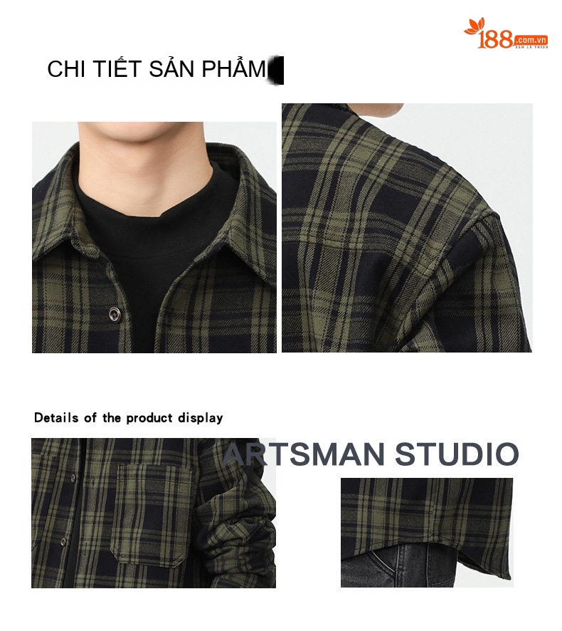Áo Sơ Mi Tay Dài Nam Cotton Caro Mỹ Retro Phong Cách Công Sở Màu Xanh Rêu, Nâu chi tiết 4