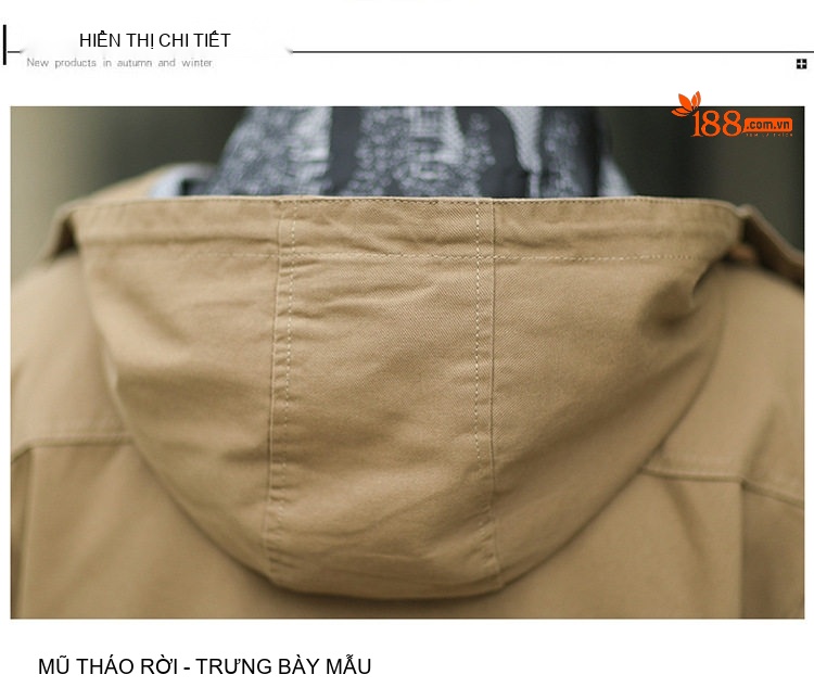 Áo Khoác Gió Nam Cotton Dáng Suông Trung Dài Có Mũ Màu Be, Đen, Nâu, Xanh chi tiết 21