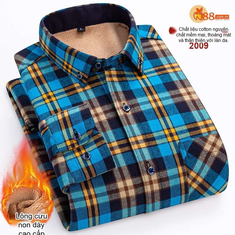 Áo Sơ Mi Nam Ca Rô Lông Cừu Non Cotton Dày Dặn Giữ Ấm Màu Đen, Đỏ, Xanh Dương, Xanh Lá...