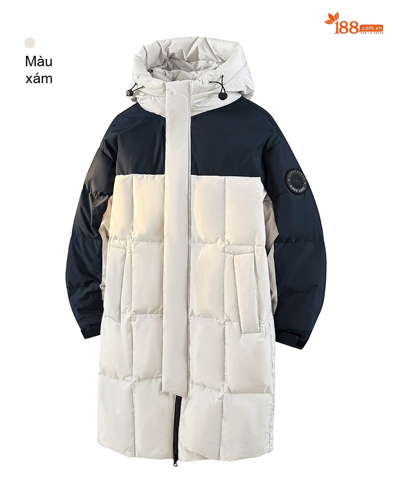 Áo Phao Dáng Dài 90% Lông Vịt Trắng Mũ Trùm Đầu Dày Dặn Phong Cách Unisex Màu Đen, Trắng, Xanh Navy chi tiết 15