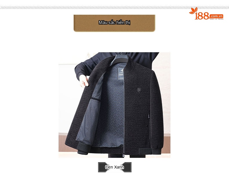 Áo Khoác Nam Trung Niên Chenille Lót Bông Dày Dặn Cổ Trụ Màu Đen, Xám chi tiết 8