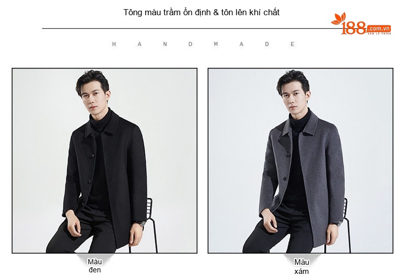 Áo Khoác Dạ Nam 100% Lông Cừu Cổ Bẻ Dáng Dài Dáng Vừa Màu Xám, Đen chi tiết 10