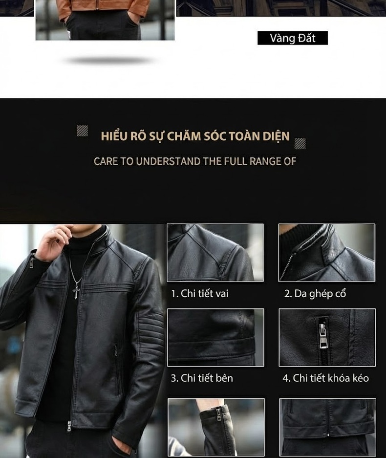 Áo Khoác Da Nam Cổ Trụ Phong Cách Moto Biker Da Bóng Màu Đen, Nâu, Xanh Rêu chi tiết 22