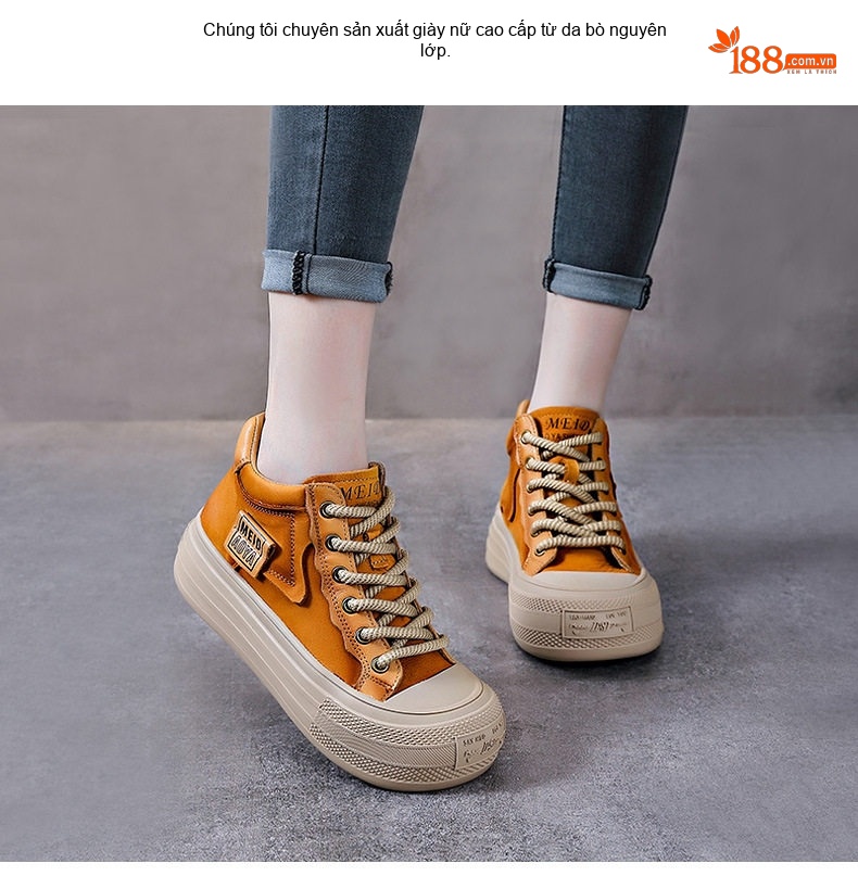 Giày Cao Cổ Nữ Da Bò Đế Bánh Mì Chiều Cao Đế Khoảng 4cm Màu Vàng, Nâu, Đỏ chi tiết 2