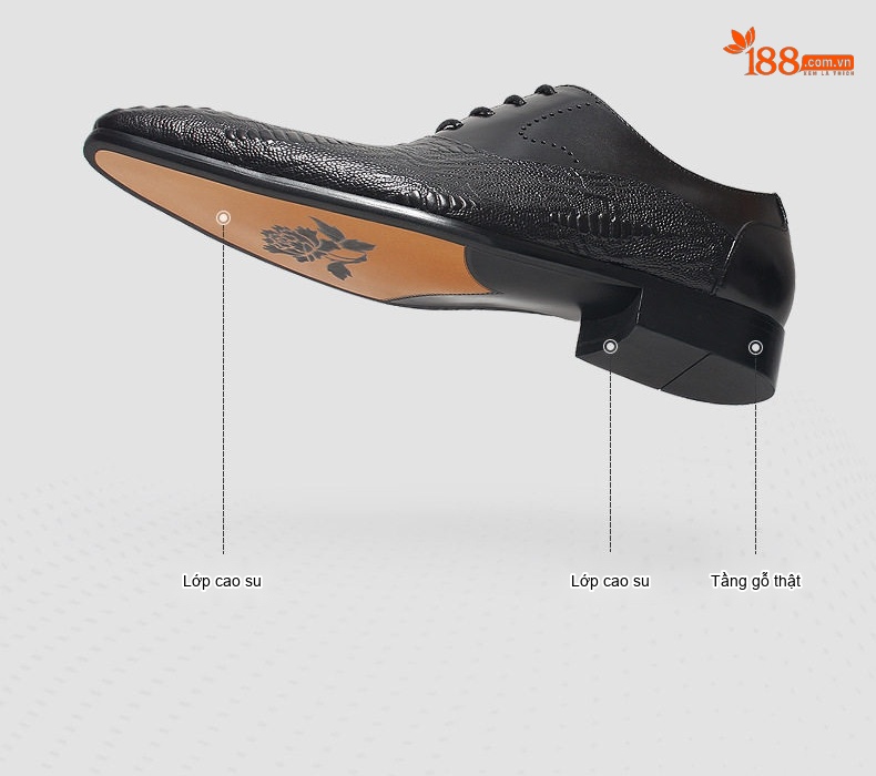Giày Tây Buộc Dây Nam Da Bò Vân Cá Sấu Chiều Cao Đế Khoảng 3cm Màu Đen, Nâu chi tiết 11
