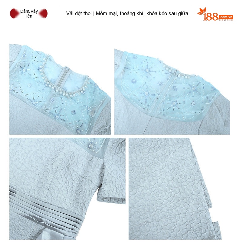 Váy liền thân Nữ Thiết Kế Pháp Cổ Điển Đính Đá Họa Tiết Tay Bồng Ôm Body Màu Xanh chi tiết 5