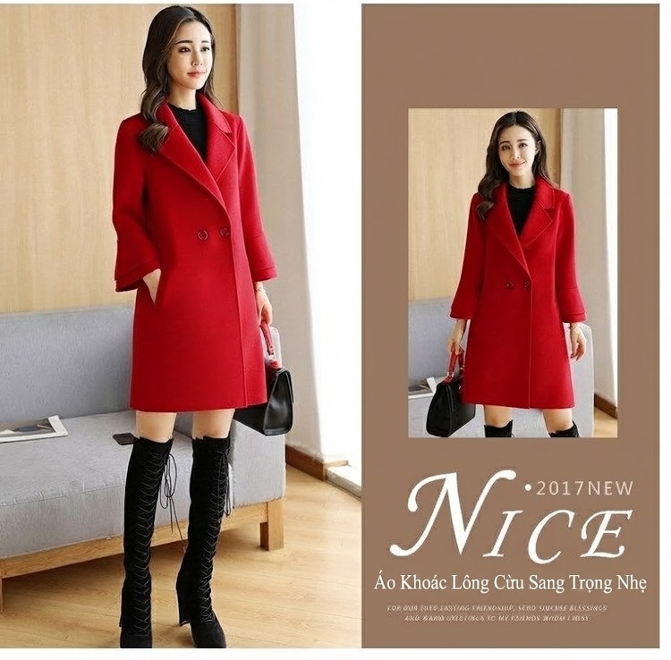 Áo Khoác Dạ Nữ Hai Mặt Lông Cừu Tay Loe Dáng Dài Vừa Màu Hồng, Đỏ, Nâu chi tiết 4