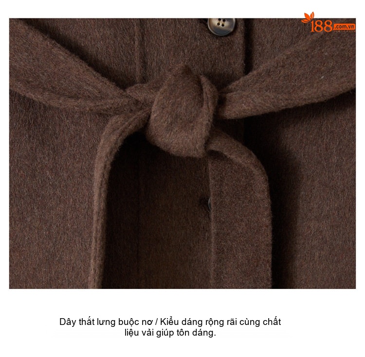 Áo Khoác Dạ Nữ Dáng Dài Vừa Cổ Trụ Thắt Eo Màu Nâu chi tiết 8