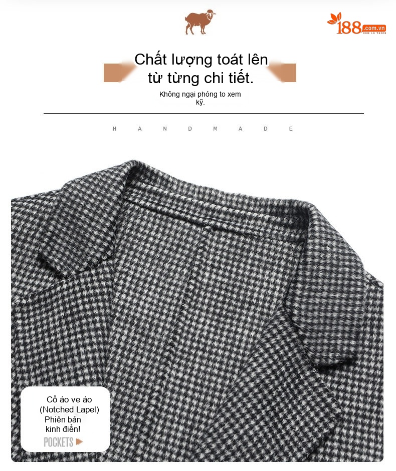 Áo Vest Nam Hai Mặt Dáng Ôm Họa Tiết Kẻ Houndstooth Lông Cừu Màu Nâu, Xám, Xanh Navy, Xám Đậm... chi tiết 10