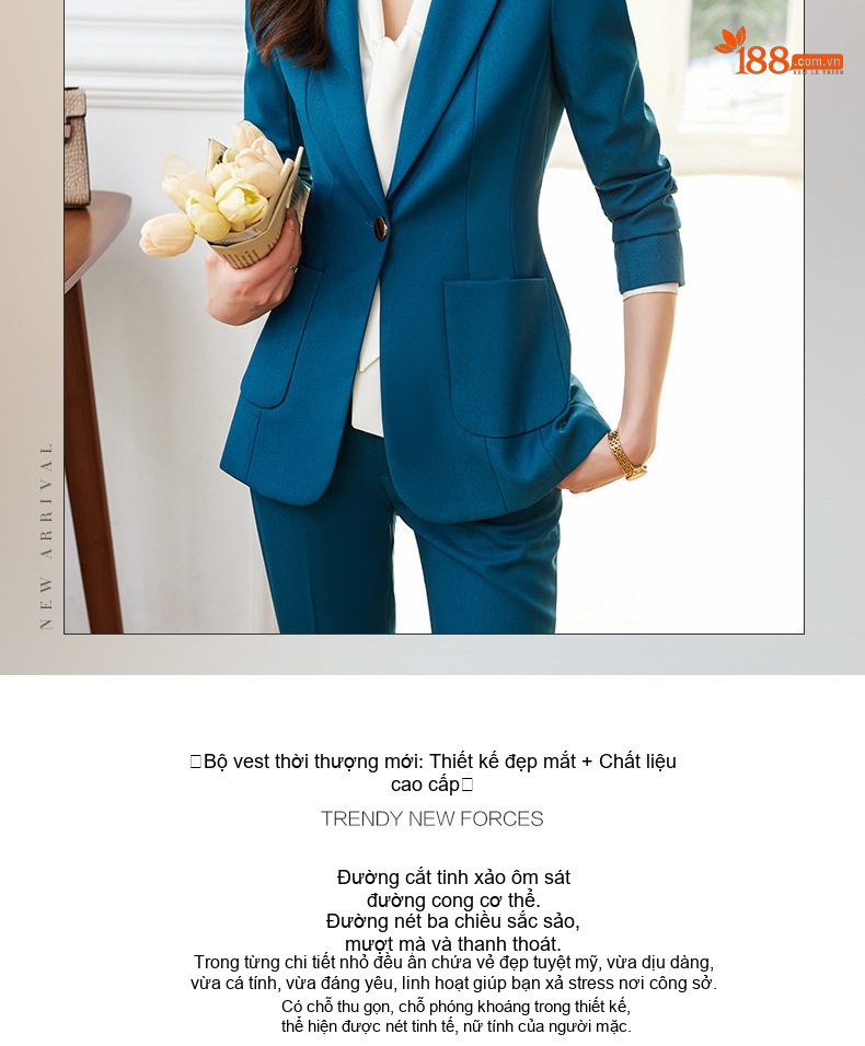 Bộ Vest Nữ Công Sở Thanh Lịch Quần Ống Suông Màu Đen, Xám, Xanh, Nâu chi tiết 3