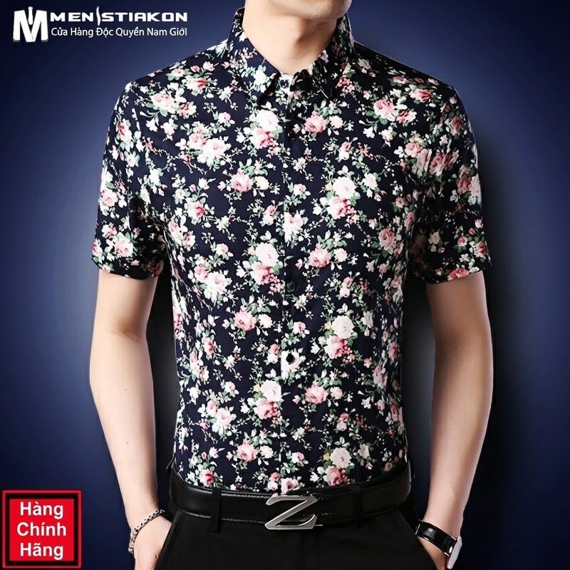 Áo Sơ Mi Tay Ngắn Nam Cotton Họa Tiết Hoa Mỏng Nhẹ Màu Đen, Trắng, Xanh Navy
