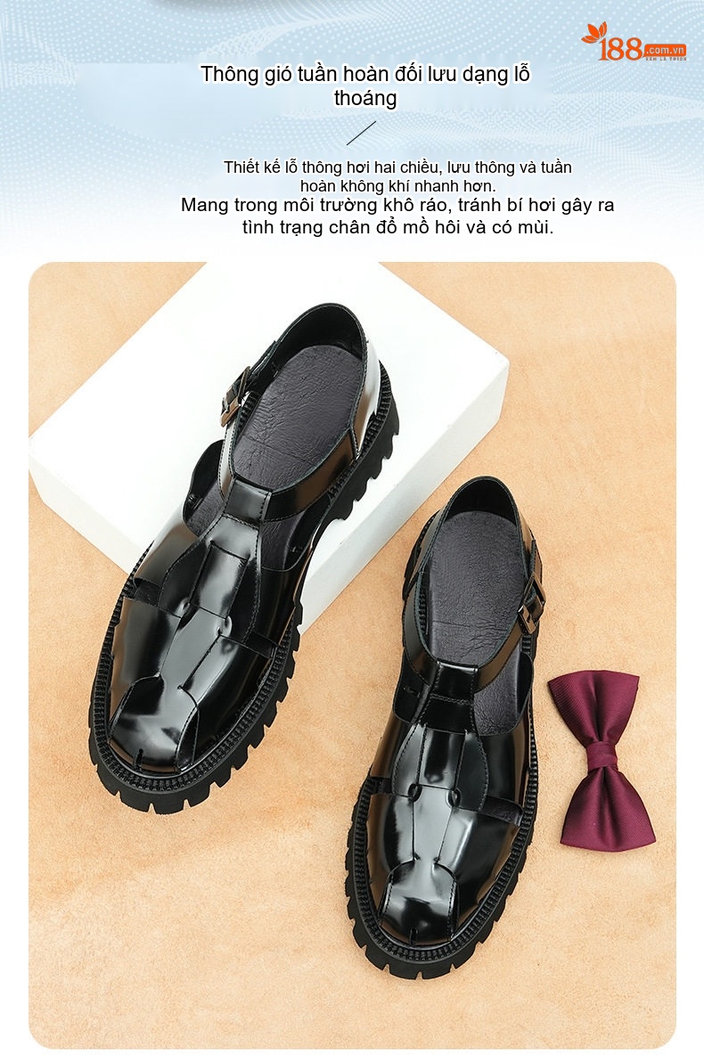 Sandal Rọ Nam Da Bóng Đế Dày Chiều Cao Đế Khoảng 3cm Màu Đen chi tiết 5