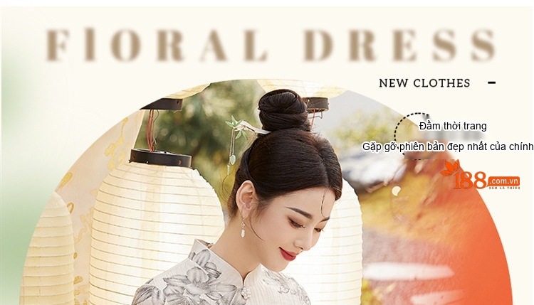 Váy A Dáng Xòe Nữ Cổ Tàu Họa Tiết Hoa Nhí Chiết Eo Phong Cách Tân Cổ Điển Màu Kem chi tiết 7