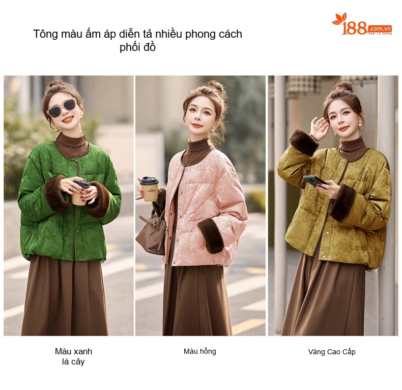 Áo Khoác Phao Nữ Quốc Phong Trung Hoa Cổ Điển, Nhồi Bông Trắng, Dáng Ngắn Màu Vàng, Hồng, Xanh Lá chi tiết 5