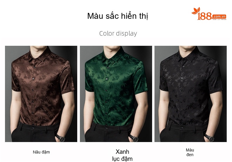 Áo Sơ Mi Nam Tay Ngắn Lụa Tơ Tằm Họa Tiết Phong Cách Hàn Quốc Màu Đen, Nâu, Xanh Lá... chi tiết 2