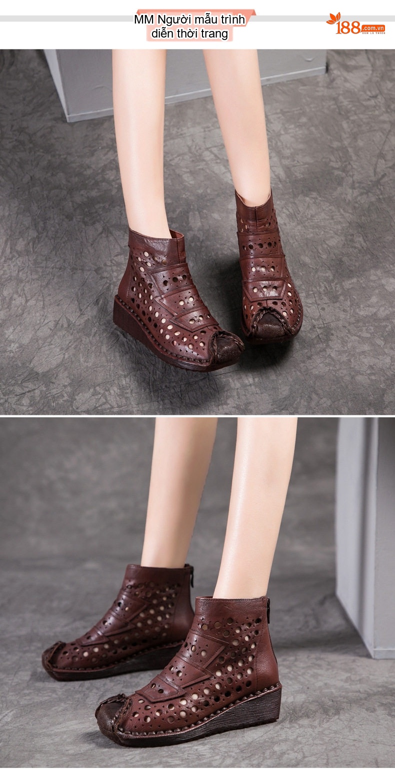 Giày Boot Nữ Da Bò Lỗ Thoáng Khí Gót Xuồng Chiều Cao Đế Khoảng 4cm Màu Nâu, Đen chi tiết 10