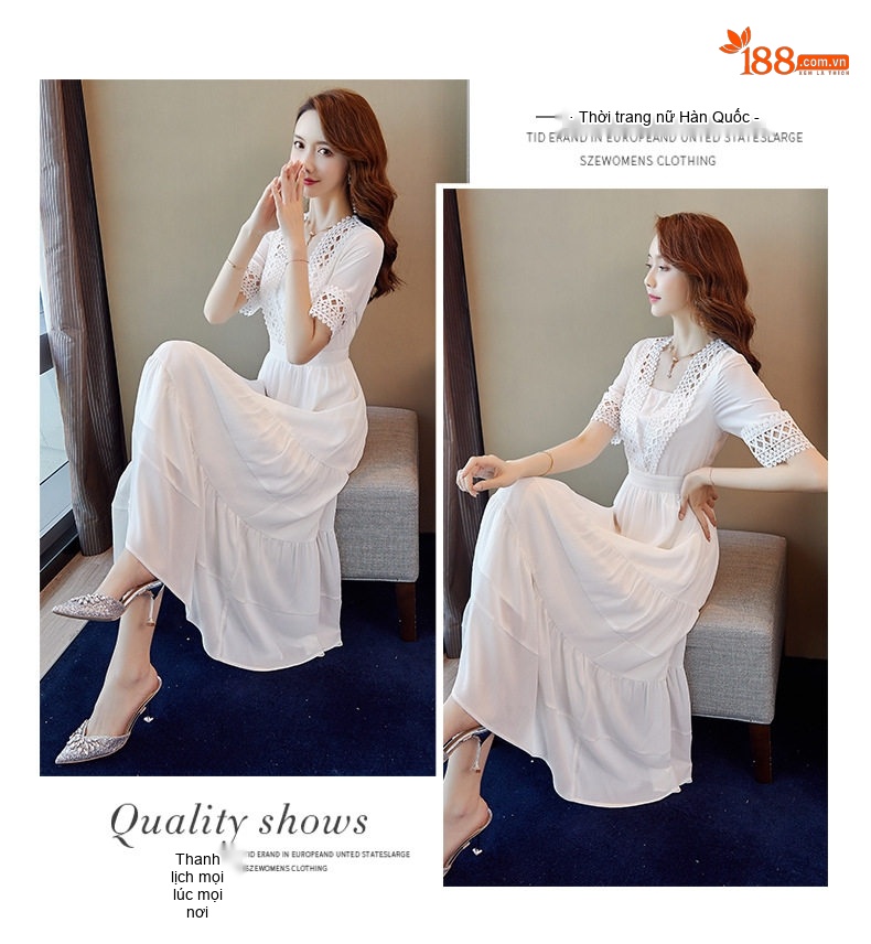 Váy Midi Nữ Xòe Nhẹ Cổ chữ Vuông Tay Lỡ Chất Liệu Voan Thích Hợp Đi Biển Màu Trắng, Xanh, Vàng chi tiết 6