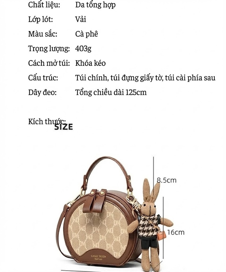 Túi Xách Nữ Mini Dáng Tròn Da Bóng Đeo Chéo Xách Tay Màu Nâu, Be chi tiết 3