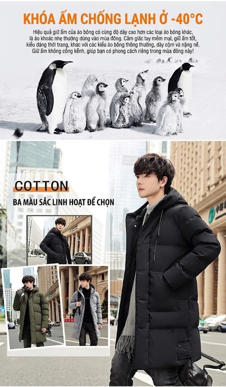 Áo Khoác Phao Nam Dáng Dài Có Mũ Cotton Lót Dày Dặn Màu Đen, Xanh Rêu, Xám chi tiết 2