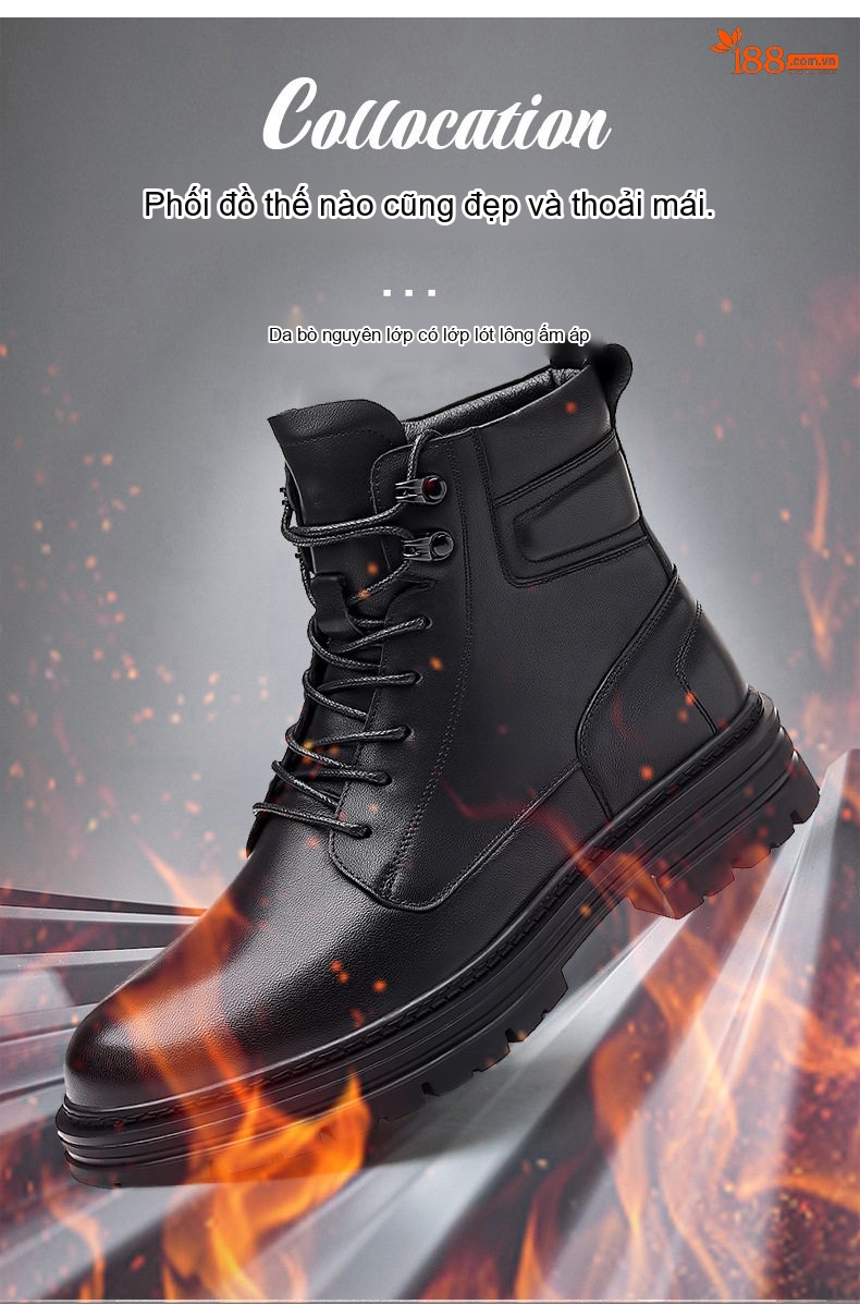 Boot Martin Nam Da Bò dáng chữ Anh Quốc Đế Dày Chiều Cao Đế Khoảng 5cm Màu Đen chi tiết 2
