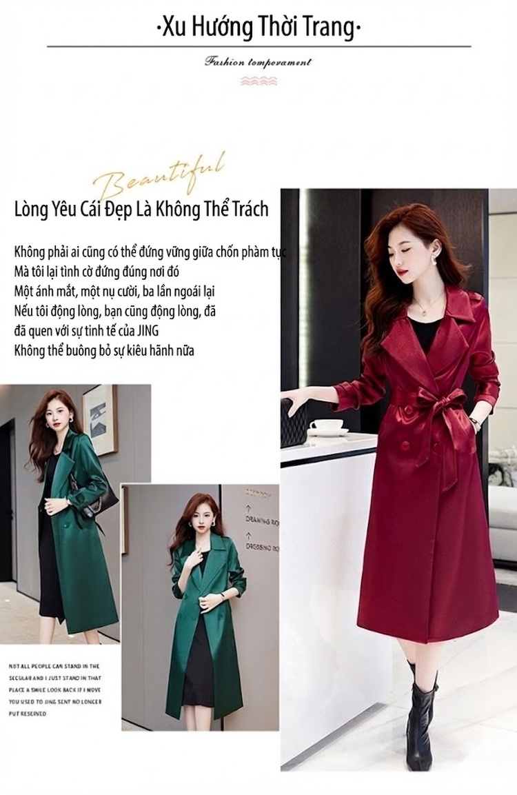 Áo Khoác Gió Nữ Dáng Dài Vừa Phong Cách Thanh Lịch Màu Đỏ, Đen, Xanh Lá chi tiết 4