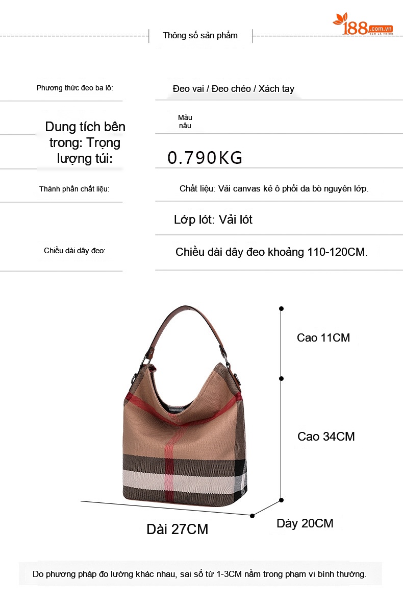 Túi Đeo Vai Nữ Vải Canvas Kẻ Ô phối Da Bò Nguyên Lớp Dáng Trống Sức Chứa Lớn Màu Nâu chi tiết 4