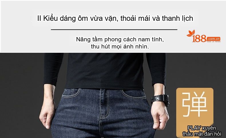 Quần Jean Nam Cotton Co Giãn Thoải Mái Dáng Ôm Vừa Vặn Màu Xanh Xám, Đen Xám chi tiết 2