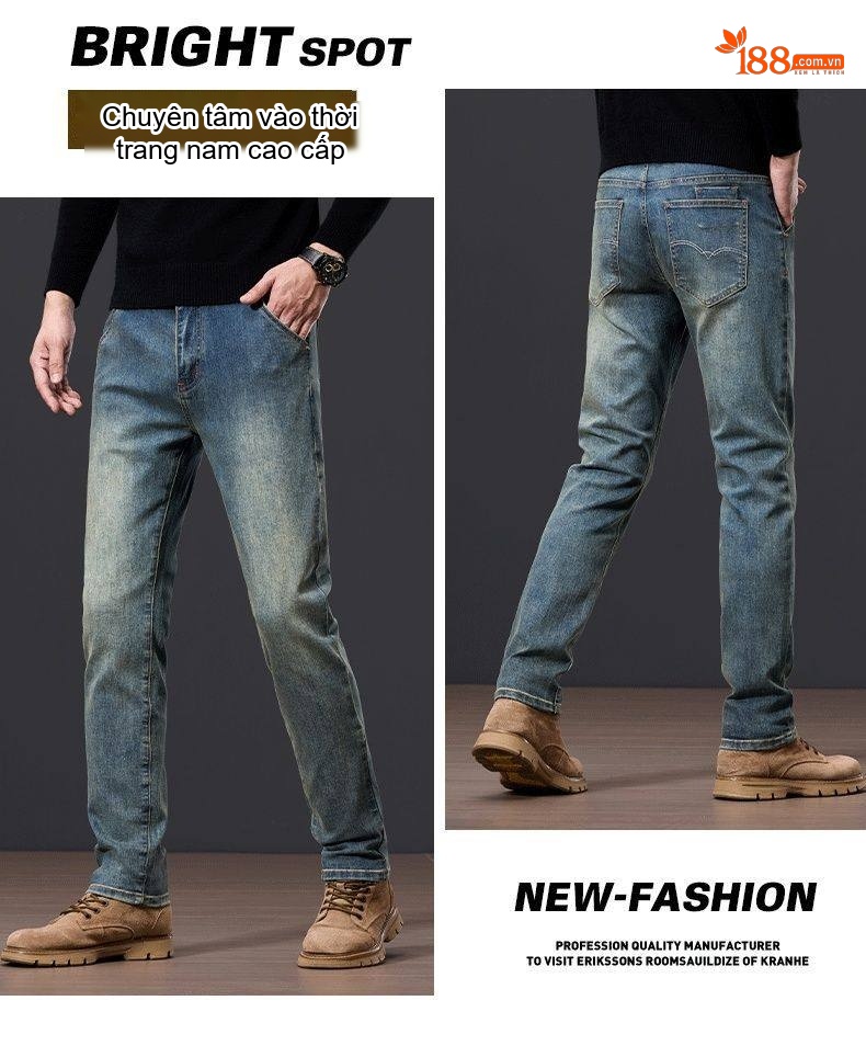 Quần Jean Dài Nam Màu Xanh Dương Rửa Bụi, Dáng Ôm Vừa, Ống Đứng, Phong Cách Retro chi tiết 5