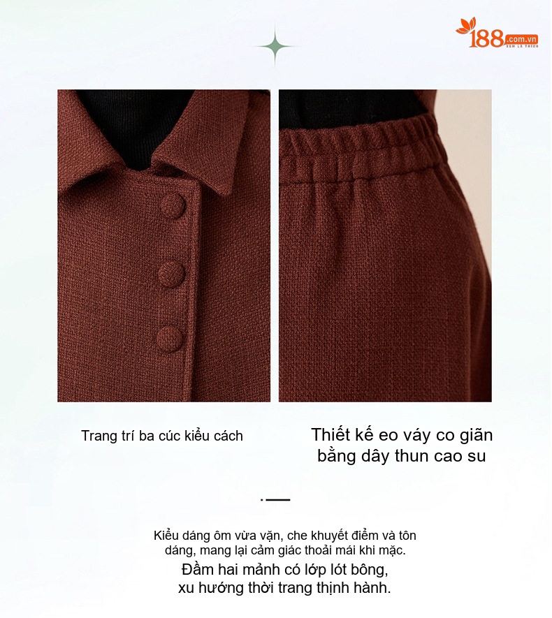 Set Áo Khoác Lửng Tay Dài Vải Flanel Chần Bông Và Chân Váy Midi Phong Cách Tiểu Thư Màu Nâu Đỏ, Xanh Rêu chi tiết 2