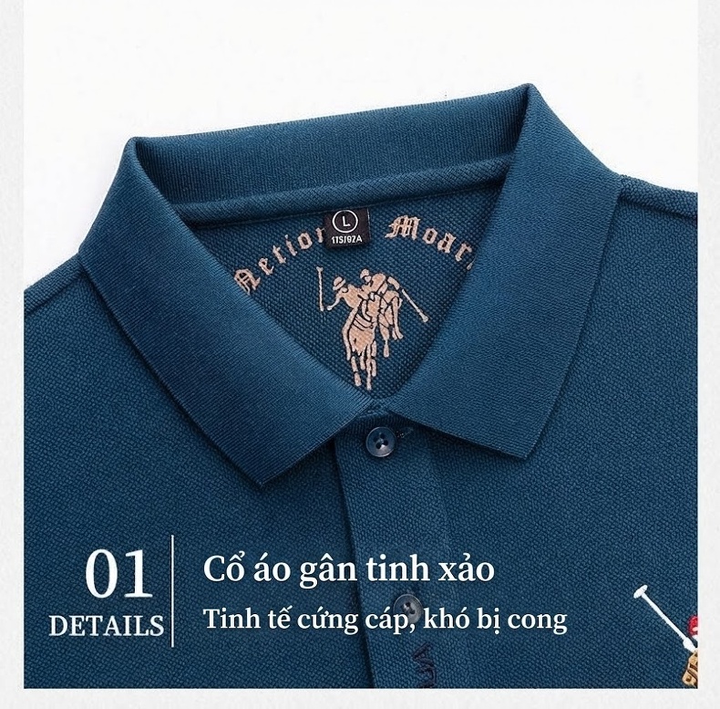 Áo Polo Nam Tay Dài Cotton Cổ Bẻ Phong Cách Doanh Nhân Màu Xanh Lá, Đen, Xanh Dương, Kem... chi tiết 4