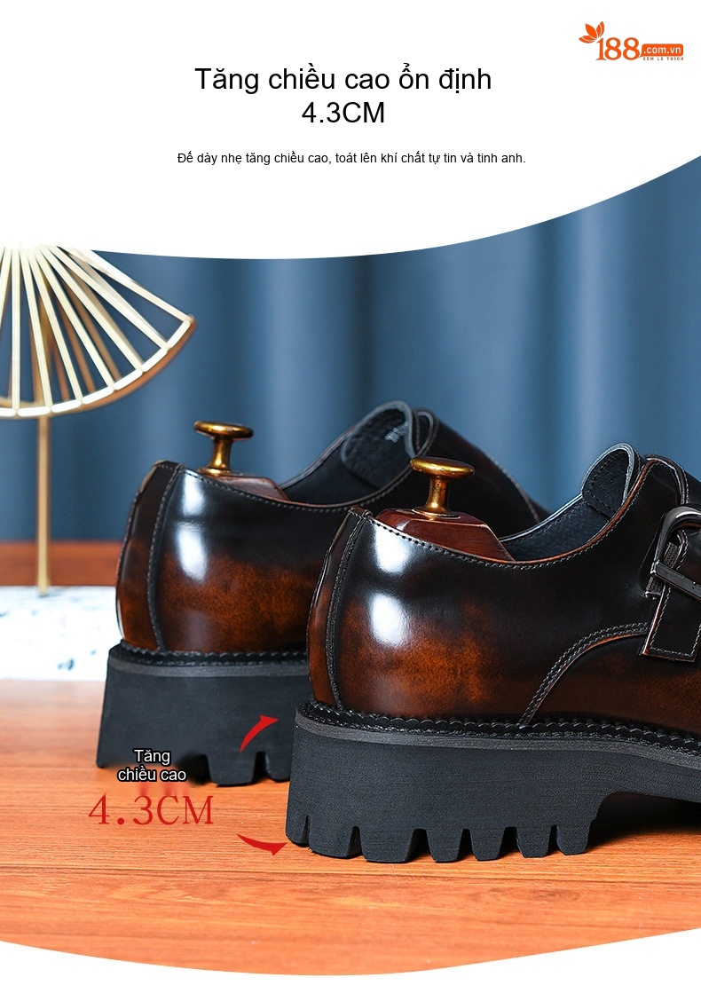 Giày Tây Monk Strap Nam Da Bóng Chiều Cao Đế Khoảng 4cm Màu Đen, Nâu chi tiết 7