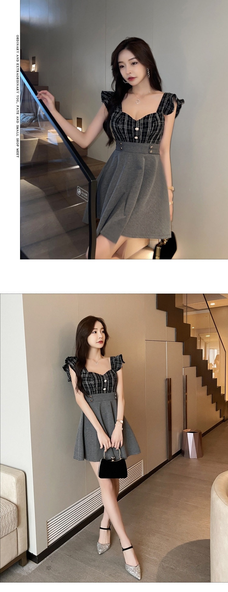 Đầm Ngắn Nữ Cổ Chữ V Xẻ Sâu Thiết Kế Phối Màu dáng chữ A Màu Xám, Trắng chi tiết 5