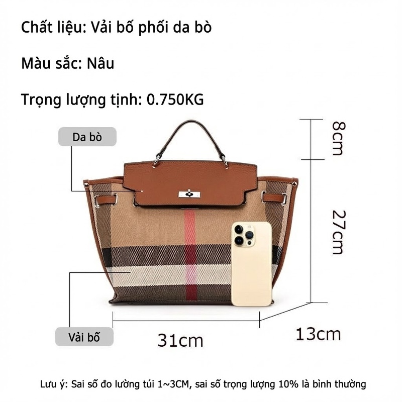Túi Tote Nữ Vải Canvas Phối Da Bò Họa Tiết Kẻ Sọc Lớn Đựng Vừa A4 Màu Nâu