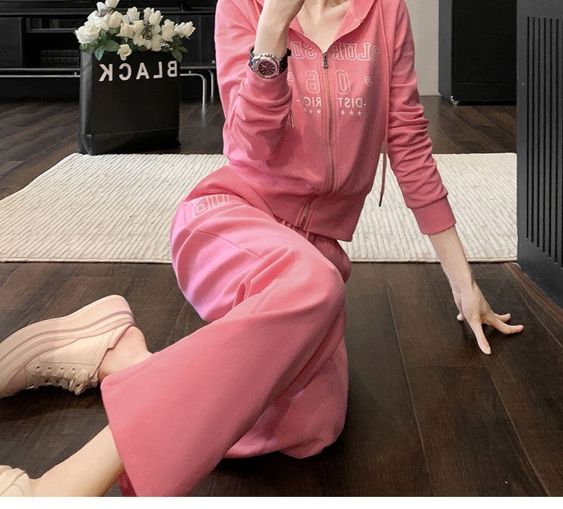 Bộ Quần Áo Nữ Thu Đông Phong Cách Hàn Quốc Cao Cấp, Áo Khoác Có Mũ Và Quần Ống Rộng Màu Hồng, Trắng chi tiết 10