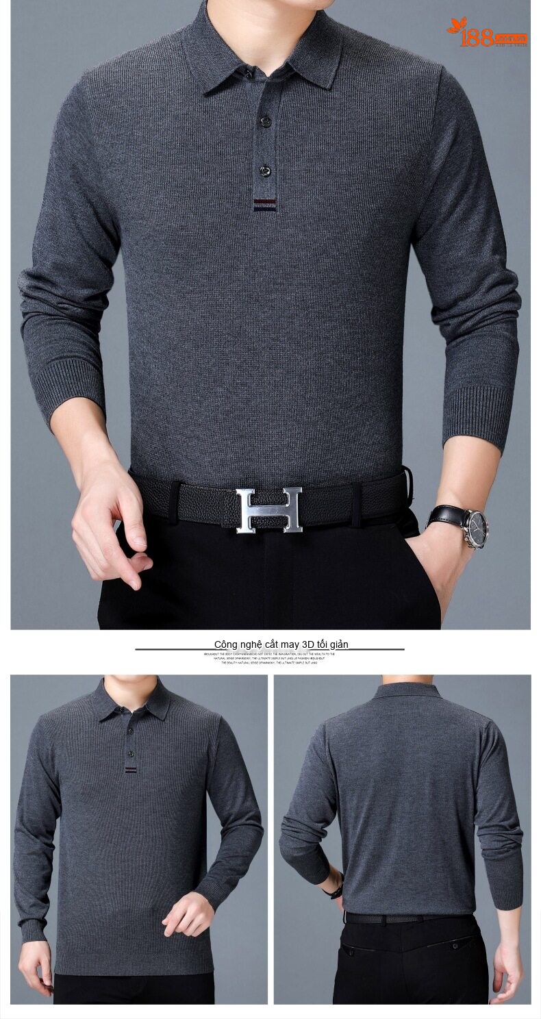 Áo Thun Polo Nam Dài Tay Dệt Kim Cashmere Phong Cách Doanh Nhân Màu Đỏ Rượu, Xám, Xanh Dương, Xanh Lá... chi tiết 15