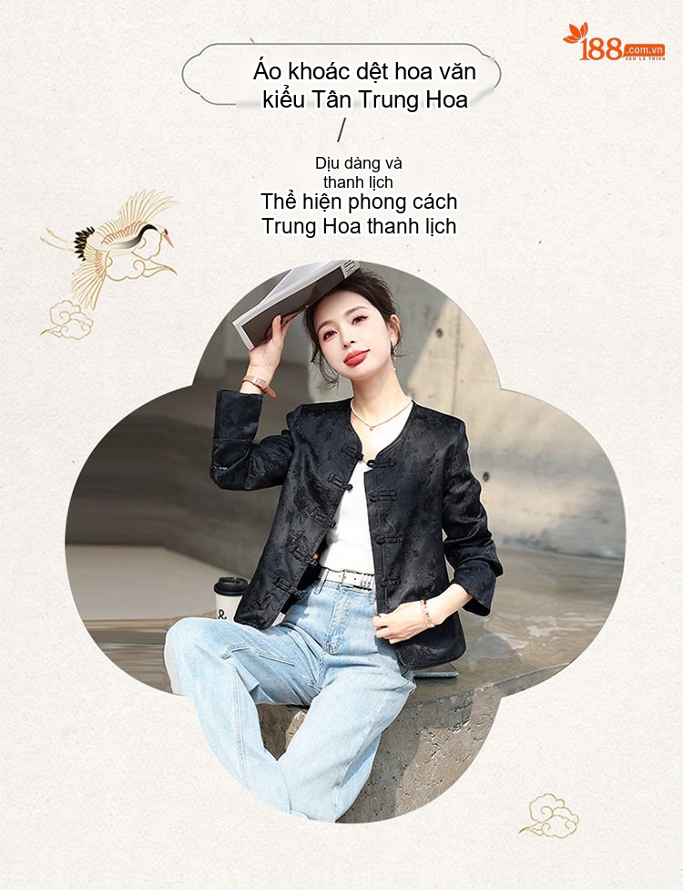 Áo Khoác Lửng Nữ Họa Tiết Jacquard Phong Cách Trung Hoa Cổ Điển Màu Đỏ, Đen chi tiết 6