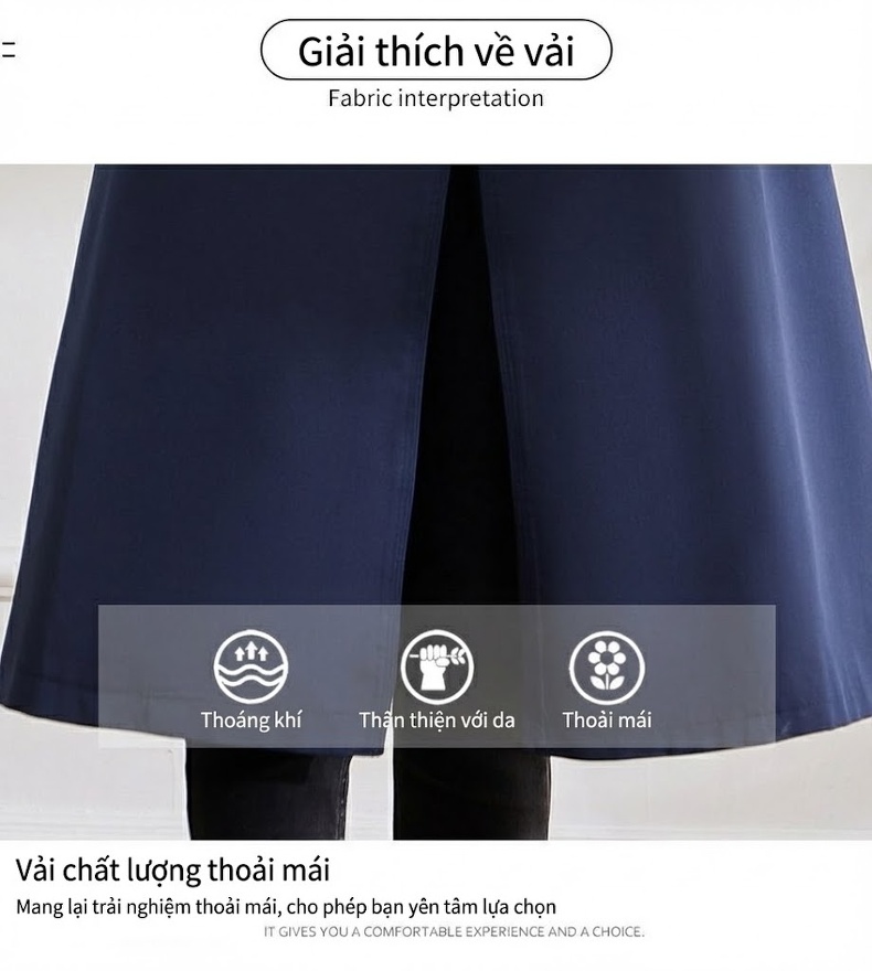 Áo Khoác Trench Coat Nữ Dáng Dài Thiết Kế Thời Trang Phong Cách Anh Màu Xanh Navy chi tiết 5