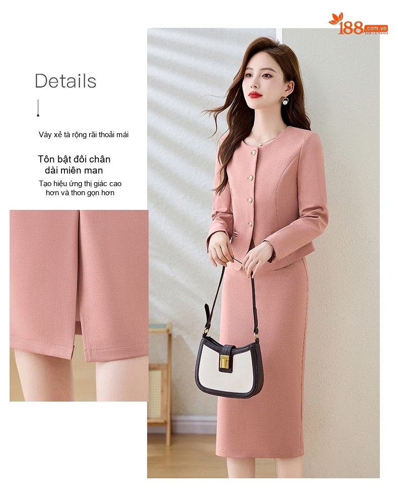 Set Bộ Vest Nữ Áo Blazer Tay Lỡ Chân Váy Bút Chì Công Sở Thanh Lịch Màu Hồng, Xanh, Xám chi tiết 9