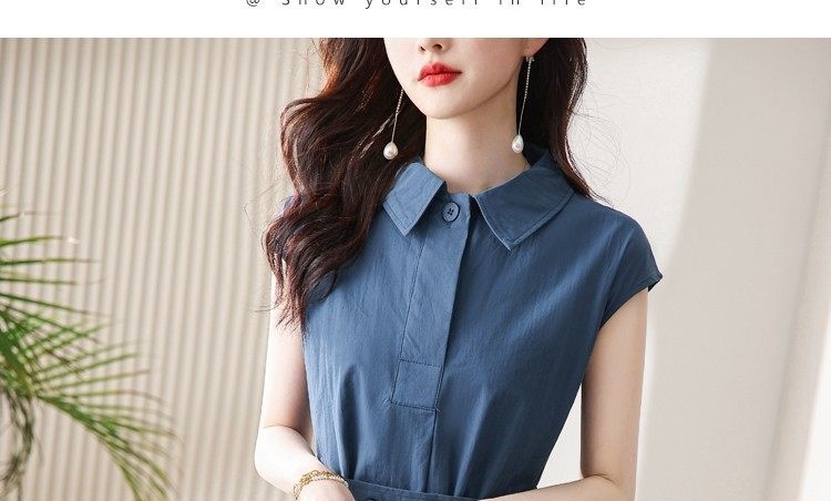 Váy Sơ Mi Polo Tay Ngắn dáng chữ A Nữ Tính Thắt Eo Màu Hồng, Xanh Navy, Vàng Be, Xanh Dương chi tiết 31