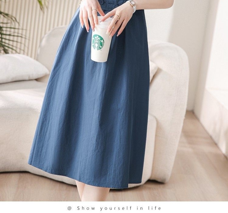 Váy Sơ Mi Polo Tay Ngắn dáng chữ A Nữ Tính Thắt Eo Màu Hồng, Xanh Navy, Vàng Be, Xanh Dương chi tiết 32