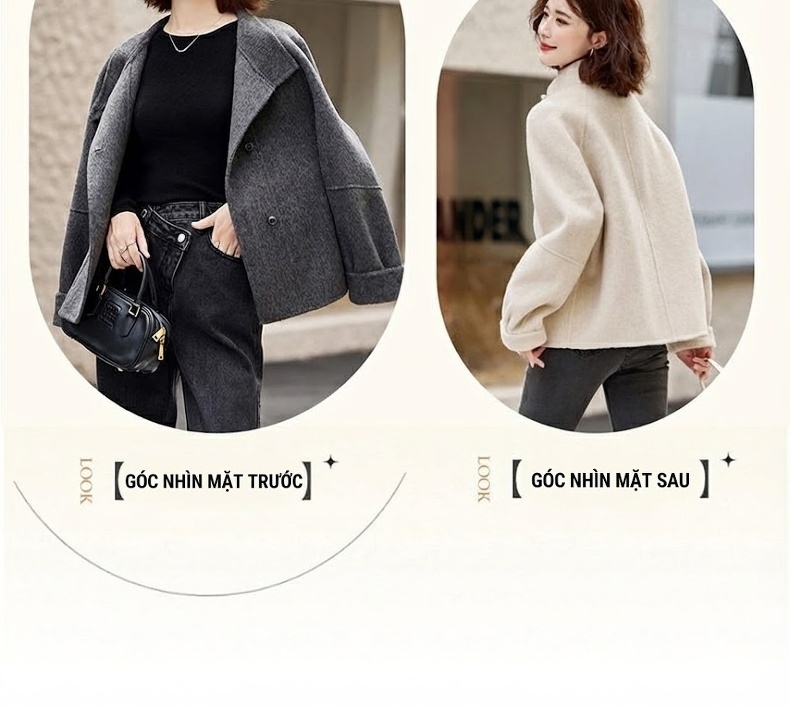 Áo Khoác Dạ Nữ Ngắn Tay Lỡ Dáng Suông Phong Cách Hàn Quốc Màu Be, Xám, Nâu, Đen chi tiết 5