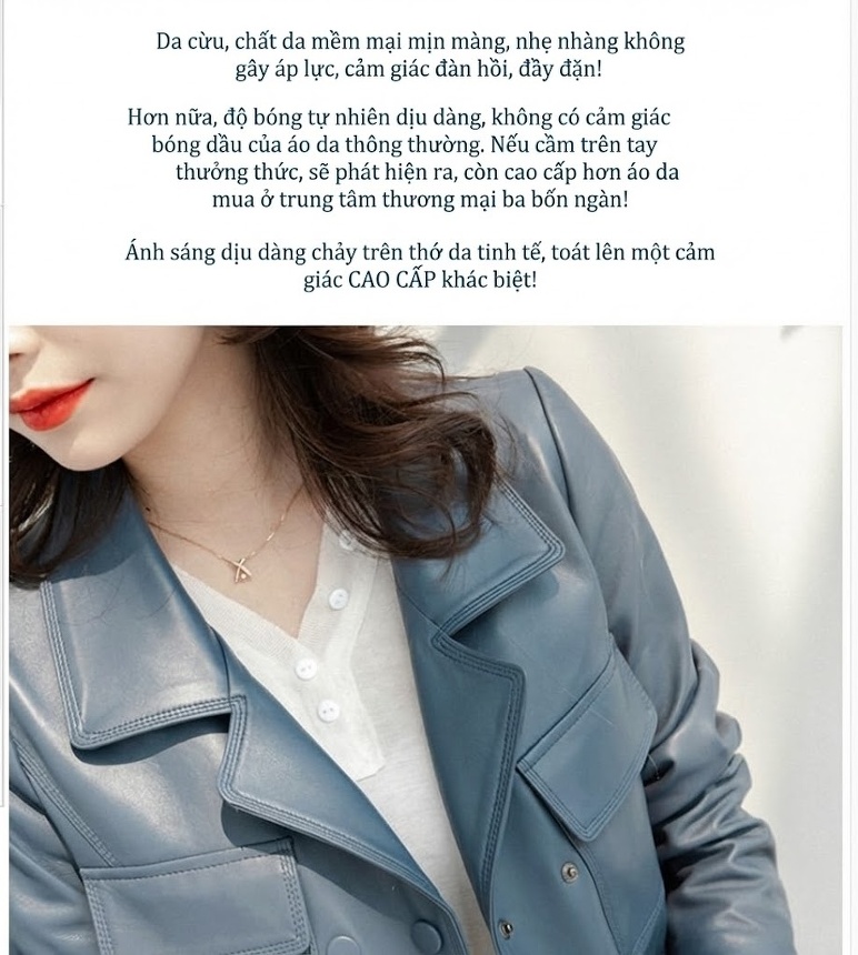Áo Khoác Da Thật Nữ Da Cừu Dáng Ngắn Chiết Eo Cổ chữ Vest Màu Đen, Xanh, Be chi tiết 6