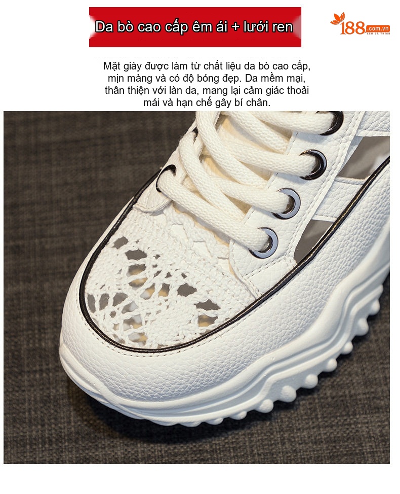Giày Sneaker Nữ Da Thật Lưới Thoáng Khí Chiều Cao Đế Khoảng 5cm Màu Trắng, Đen, Nâu, Đỏ... chi tiết 14
