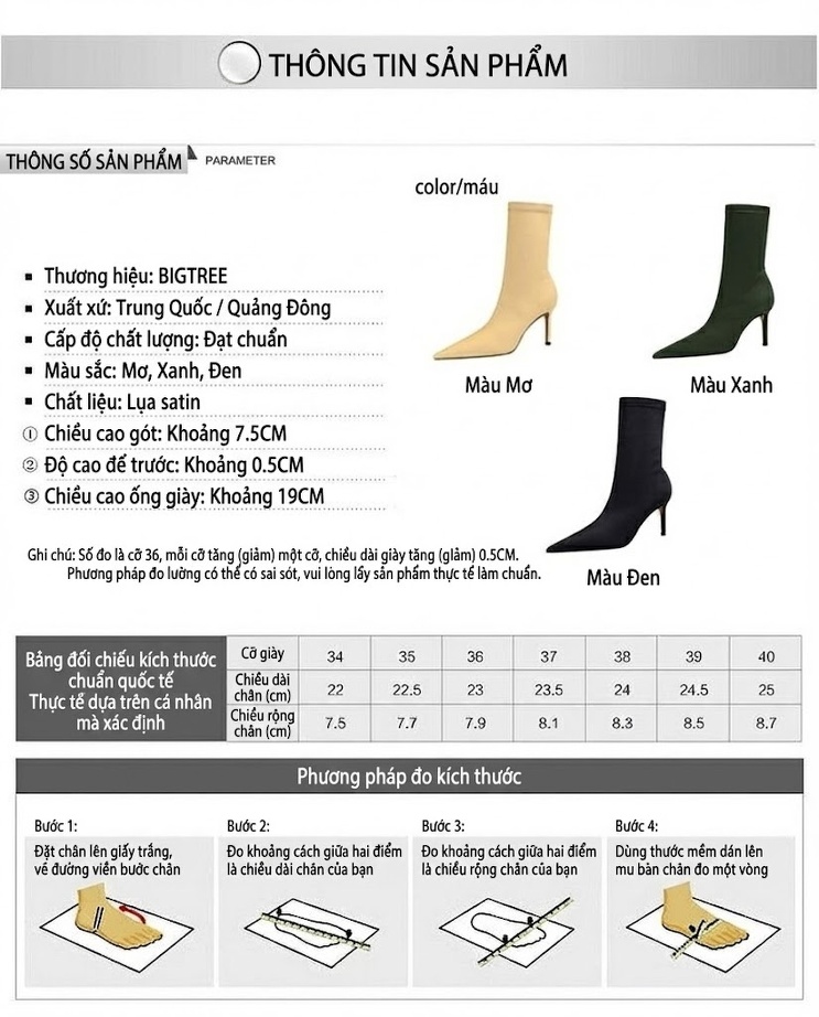 Boot Nữ Ôm Chân Vải Lycra Co Giãn Gót Nhọn Chiều Cao Đế Khoảng 6cm Màu Đen, Xanh Rêu chi tiết 1