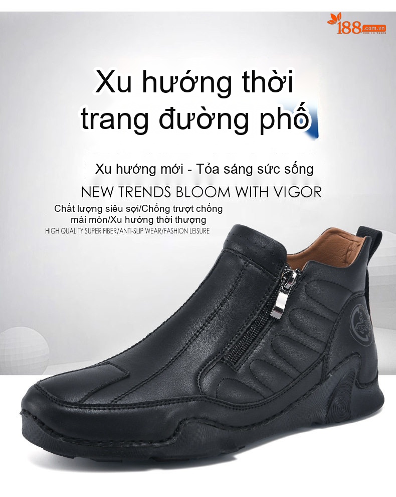 Giày Boot Nam Cổ Cao Khóa Kéo Bên Chiều Cao Đế Khoảng 3cm Màu Đen, Xanh Dương, Nâu chi tiết 4