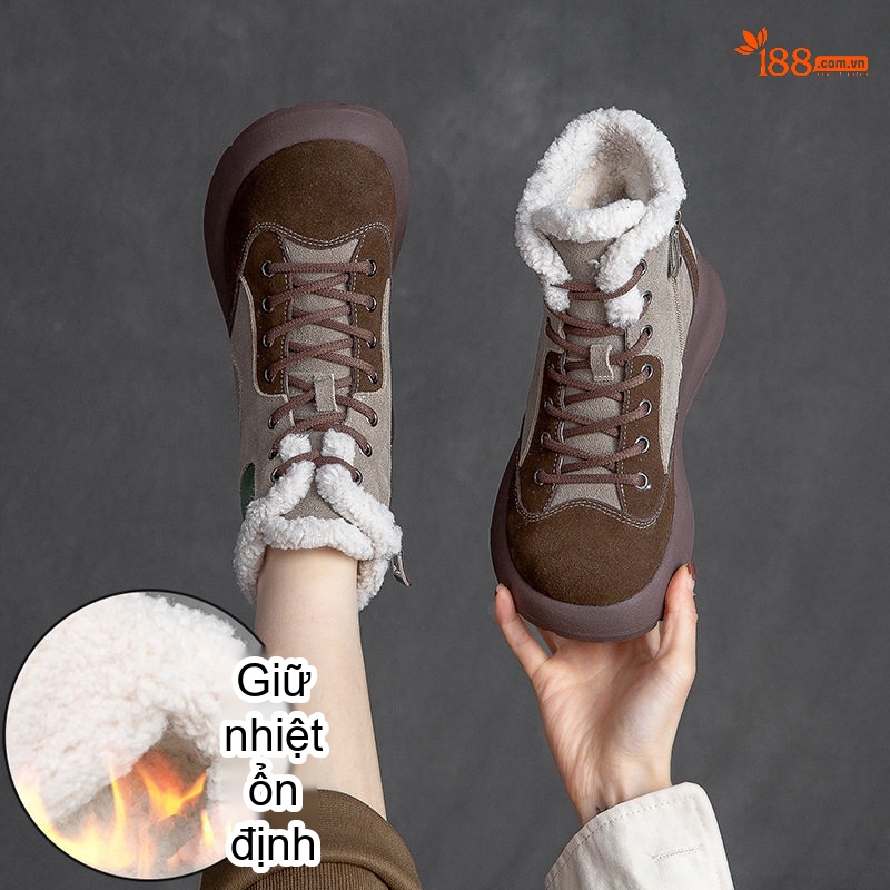 Boot Nữ Cổ Lông Đế Dày Phối Màu Chiều Cao Đế Khoảng 5cm Màu Nâu, Be, Xanh Lá