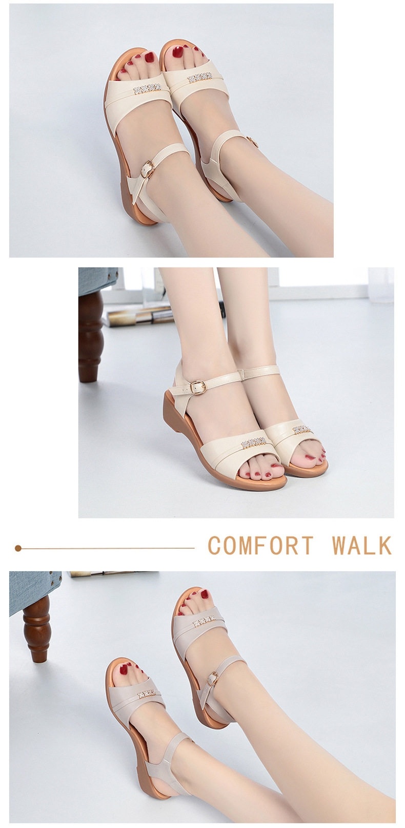 Dép Sandal Nữ Da Thật Quai Ngang Đính Đá Đế Bệt Thoải Mái Đế Cao 3cm - 4cm Màu Kem, Nâu, Đen chi tiết 7