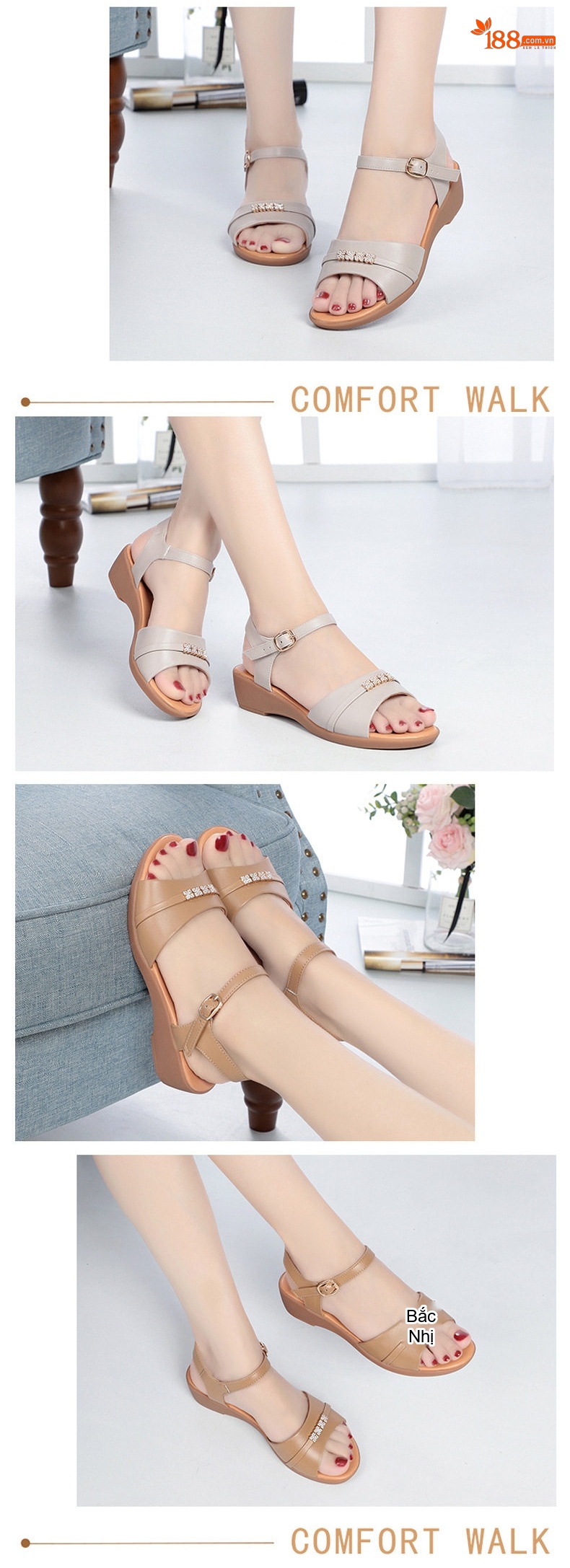 Dép Sandal Nữ Da Thật Quai Ngang Đính Đá Đế Bệt Thoải Mái Đế Cao 3cm - 4cm Màu Kem, Nâu, Đen chi tiết 8