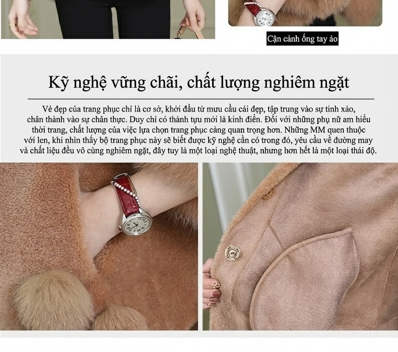 Áo Khoác Lông Cừu Ép Lông Cổ Lông Cáo Dáng Ngắn Màu Trắng, Nâu, Đỏ chi tiết 4