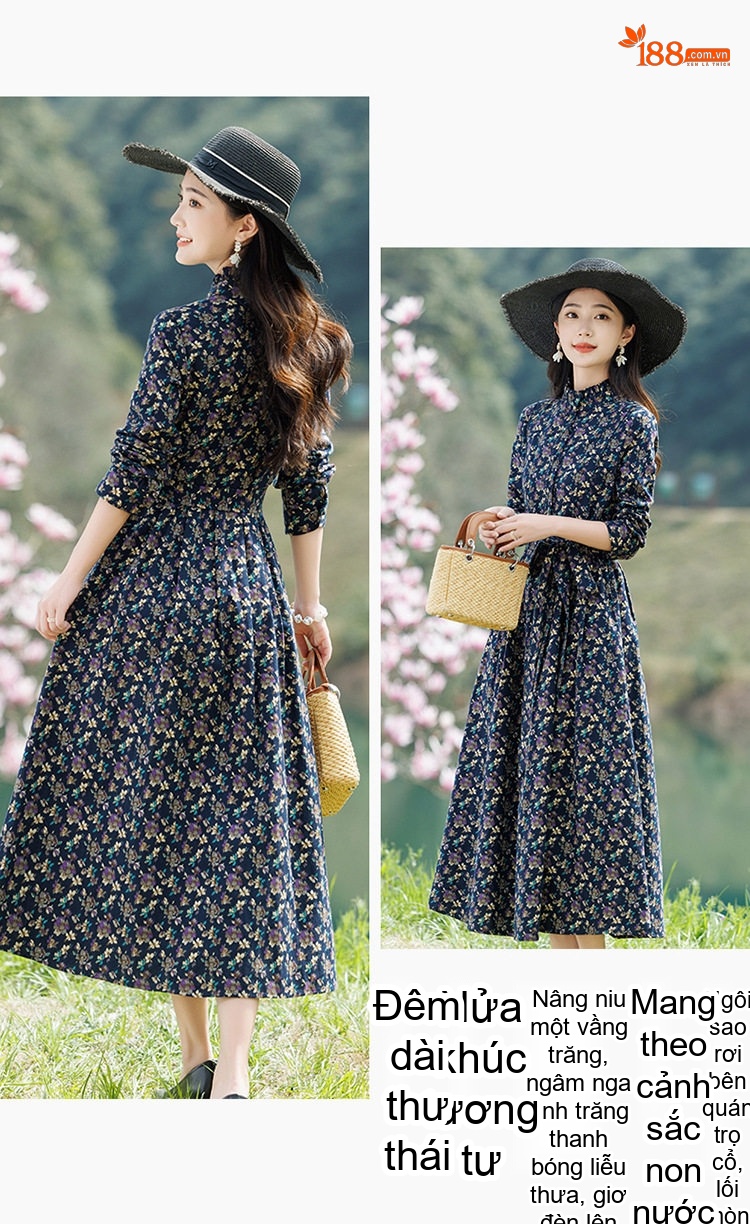 Váy Dài Tay Lỡ Nữ Cổ Trụ Họa Tiết Hoa Vintage Thoáng Mát chi tiết 11